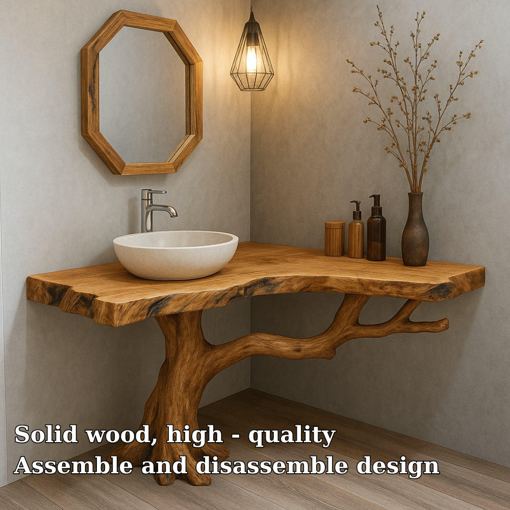 Handcrafted Solid Wood Bathroom Vanity – Organic Tree Branch Base with Live Edge Top