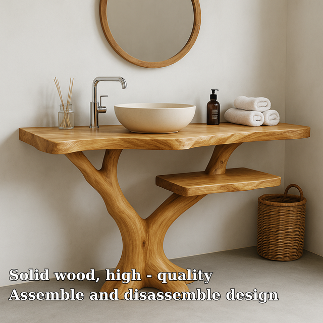 Handcrafted Solid Wood Bathroom Vanity – Natural Tree Form Design with Floating Shelf