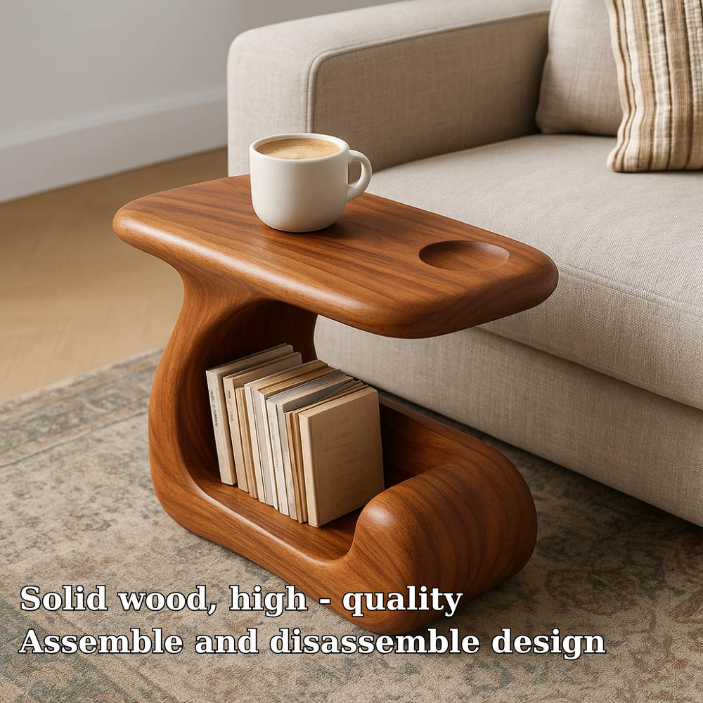 Handcrafted Solid Wood Armrest Table – Sculpted Sofa Side Table with Storage Shelf