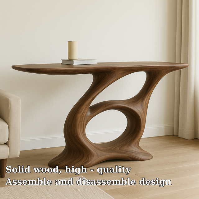 Handcrafted Solid Wood Console Table – Artistic Modern Design with Sculptural Curved Base