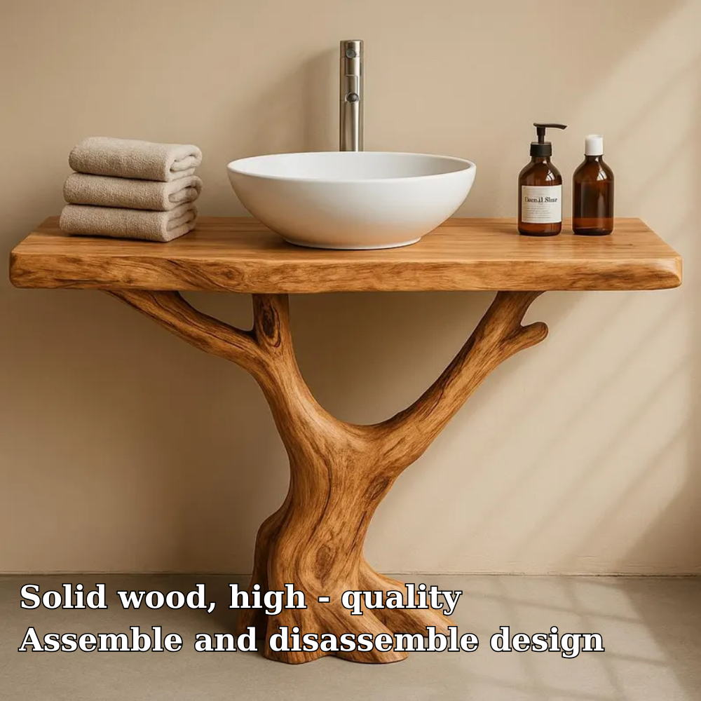 Handcrafted Solid Wood Bathroom Vanity with Tree Trunk Base – Organic Minimalist Sink Stand