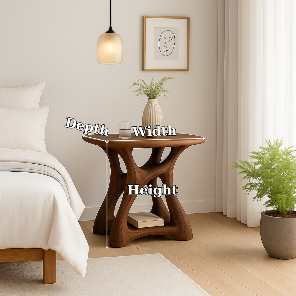 Handcrafted Solid Wood Nightstand – Modern Sculptural Bedside Table with Open Storage