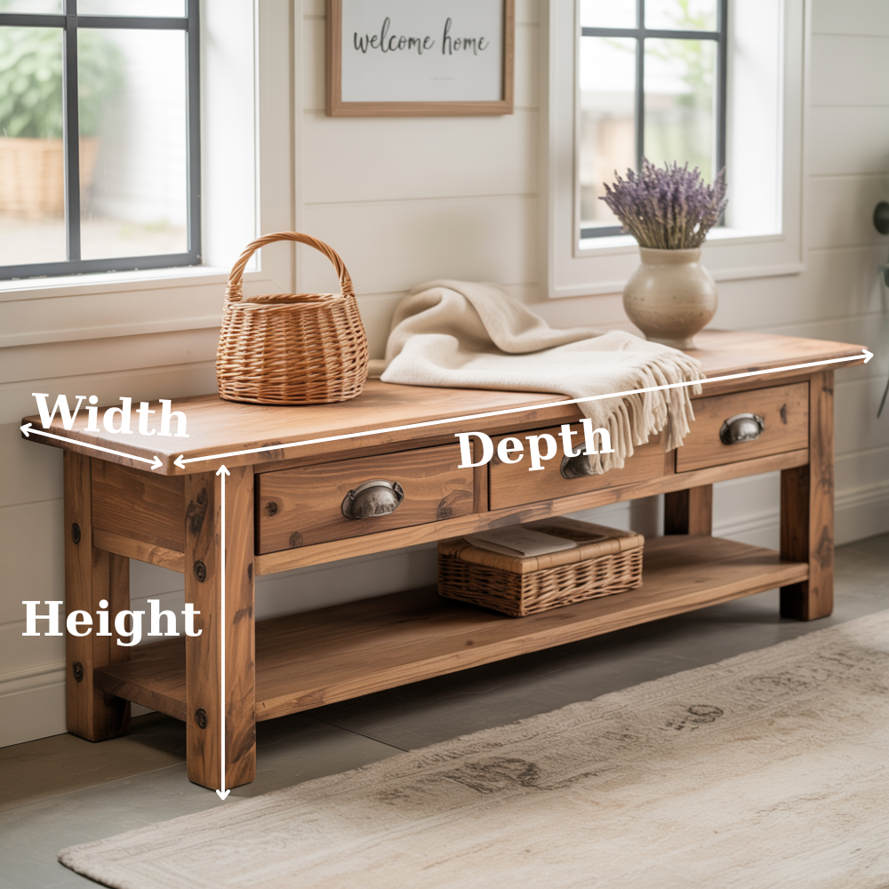 Handcrafted Solid Wood Bench – Rustic Entryway Bench with 3 Drawers & Shelf