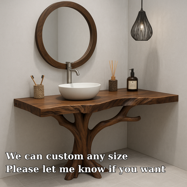 Handcrafted Solid Wood Bathroom Vanity – Organic Tree Branch Base with Vessel Sink Design