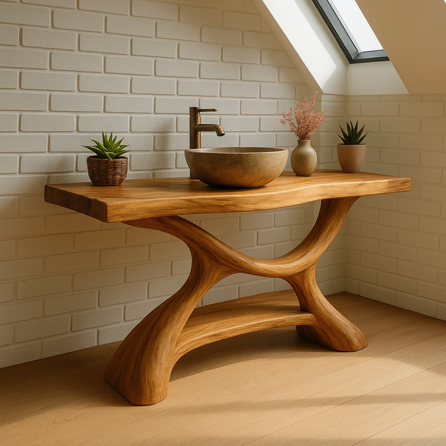 Handcrafted Solid Wood Bathroom Vanity – Sculptural Organic Design with Smooth Natural Finish