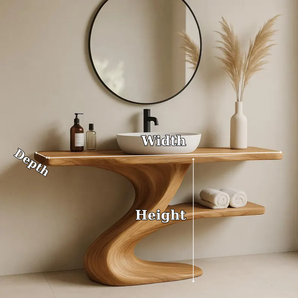 Handcrafted Solid Wood Bathroom Vanity with Curved Base – Modern Organic Sink Console