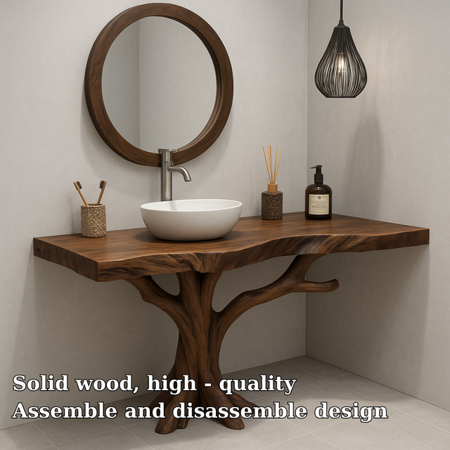 Handcrafted Solid Wood Bathroom Vanity – Organic Tree Branch Base with Vessel Sink Design