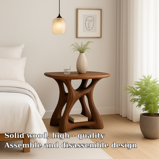 Handcrafted Solid Wood Nightstand – Modern Sculptural Bedside Table with Open Storage