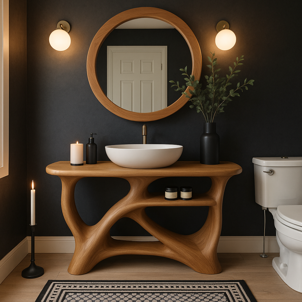 Handcrafted Solid Wood Bathroom Vanity with Modern Organic Design – Natural Sculptural Style