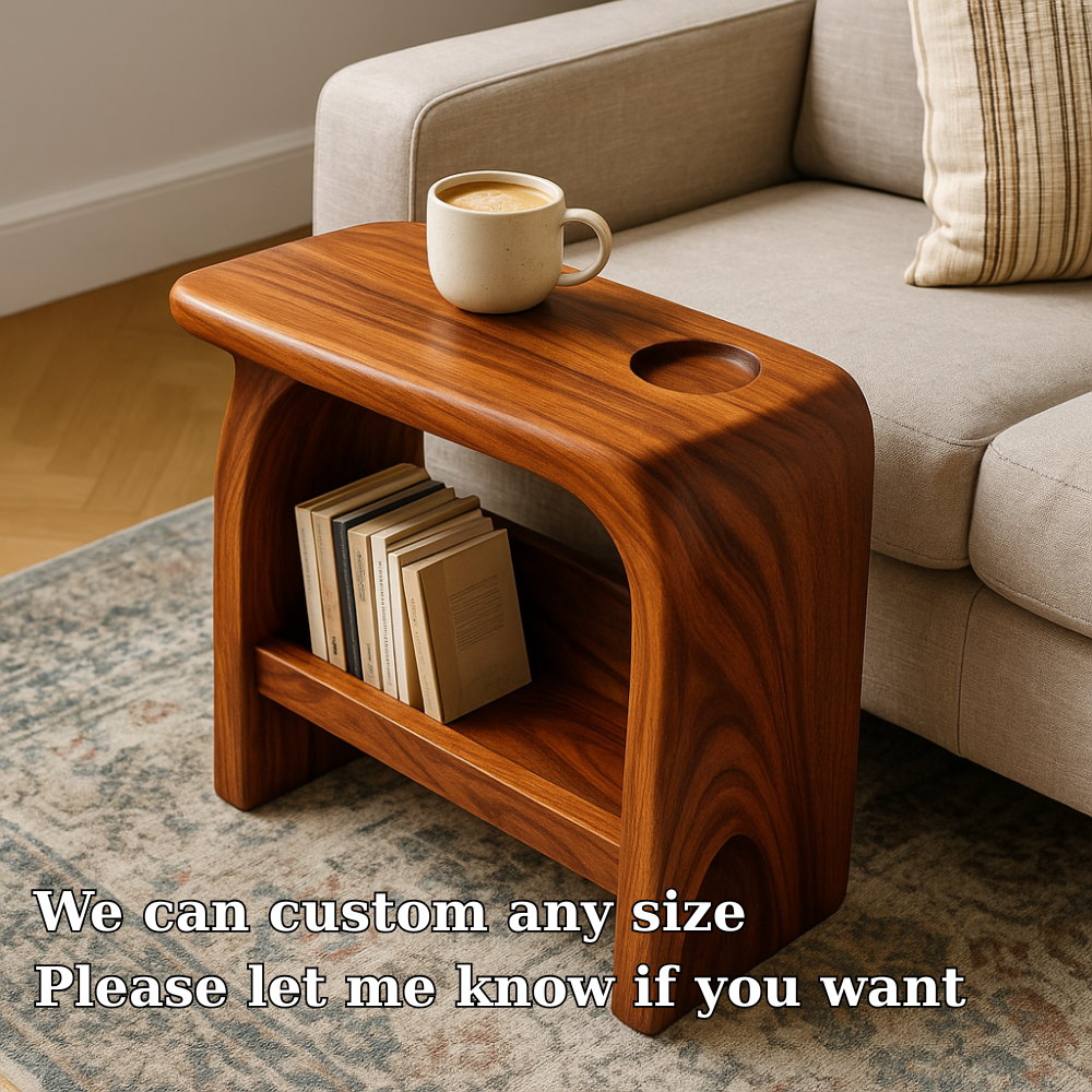 Handcrafted Solid Wood Armrest Table with Storage Shelf – Sculpted Organic Design
