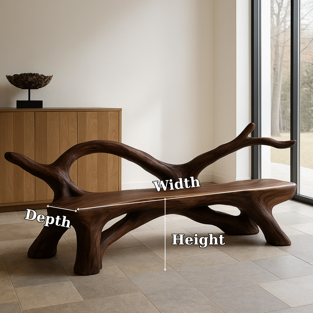 Handcrafted Solid Wood Bench with Backrest – Organic Branch-Inspired Artistic Furniture