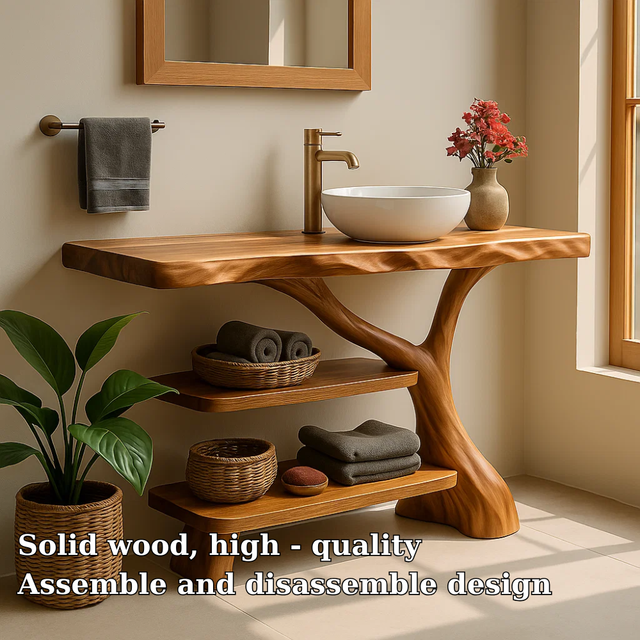 Handcrafted Solid Wood Bathroom Vanity – Natural Double Shelf Design for Modern Rustic Spaces