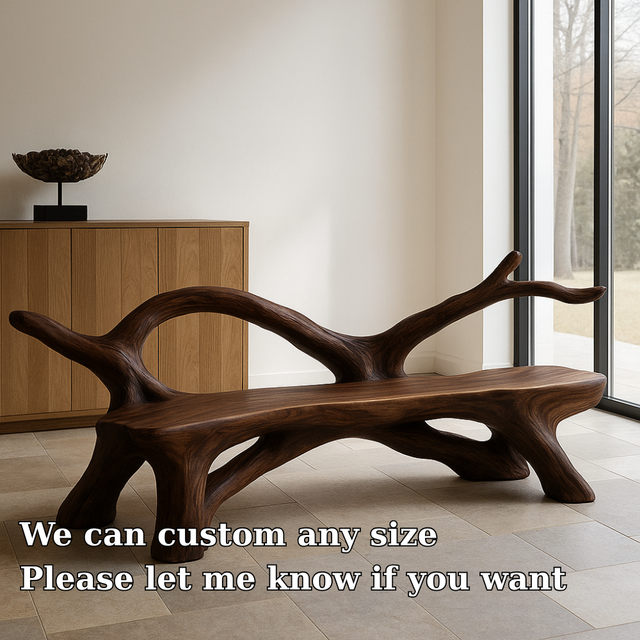 Handcrafted Solid Wood Bench with Backrest – Organic Branch-Inspired Artistic Furniture