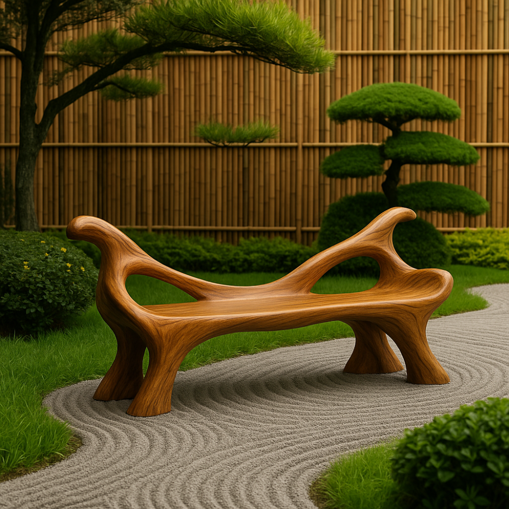 Handcrafted Solid Wood Bench with Backrest – Sculptural Organic Design for Garden & Patio