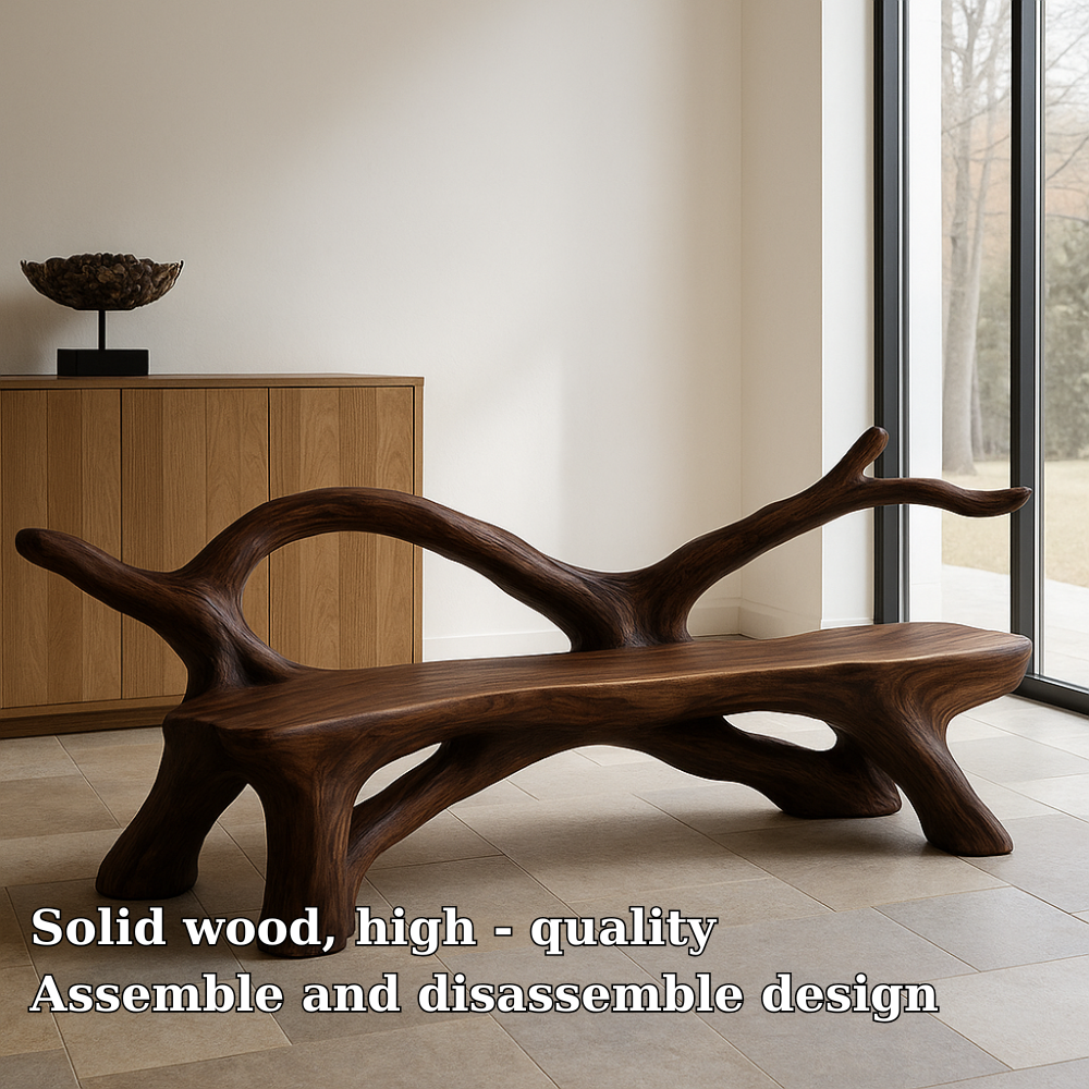 Handcrafted Solid Wood Bench with Backrest – Organic Branch-Inspired Artistic Furniture