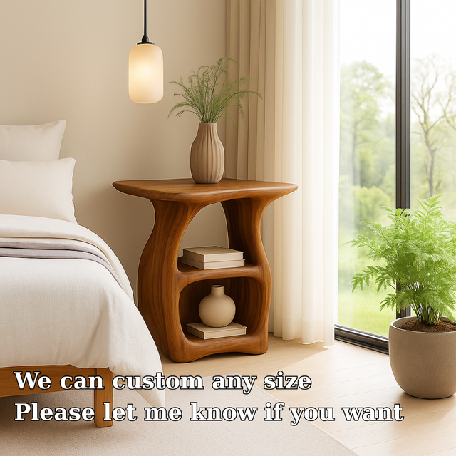 Handcrafted Solid Wood Nightstand – Modern Organic Bedside Table with Curved Open Shelves