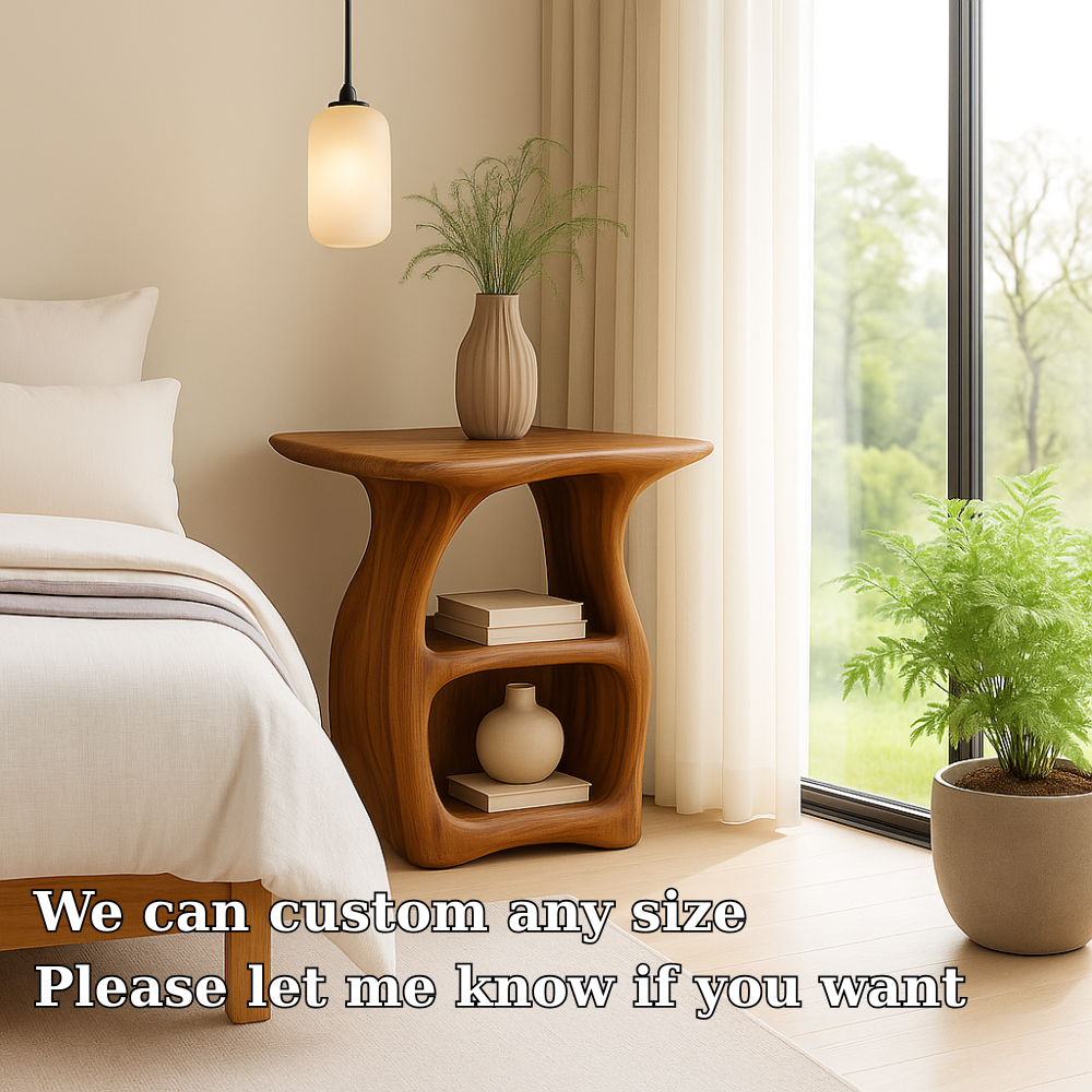 Handcrafted Solid Wood Nightstand – Modern Organic Bedside Table with Curved Open Shelves