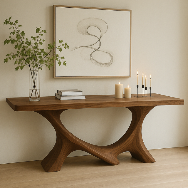 Handcrafted Solid Wood Console Table with Sculptural Base – Modern Organic Home Decor