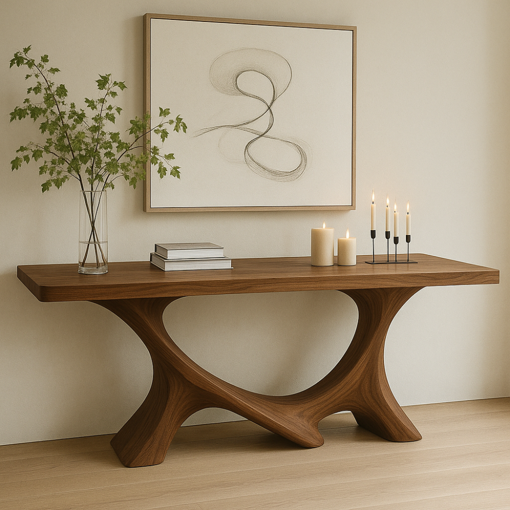 Handcrafted Solid Wood Console Table with Sculptural Base – Modern Organic Home Decor