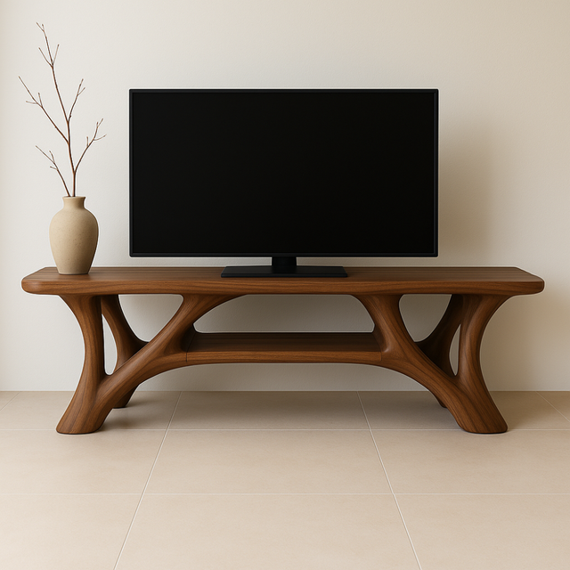 Handcrafted Solid Wood TV Stand – Modern Organic Design with Smooth Sculptural Curves