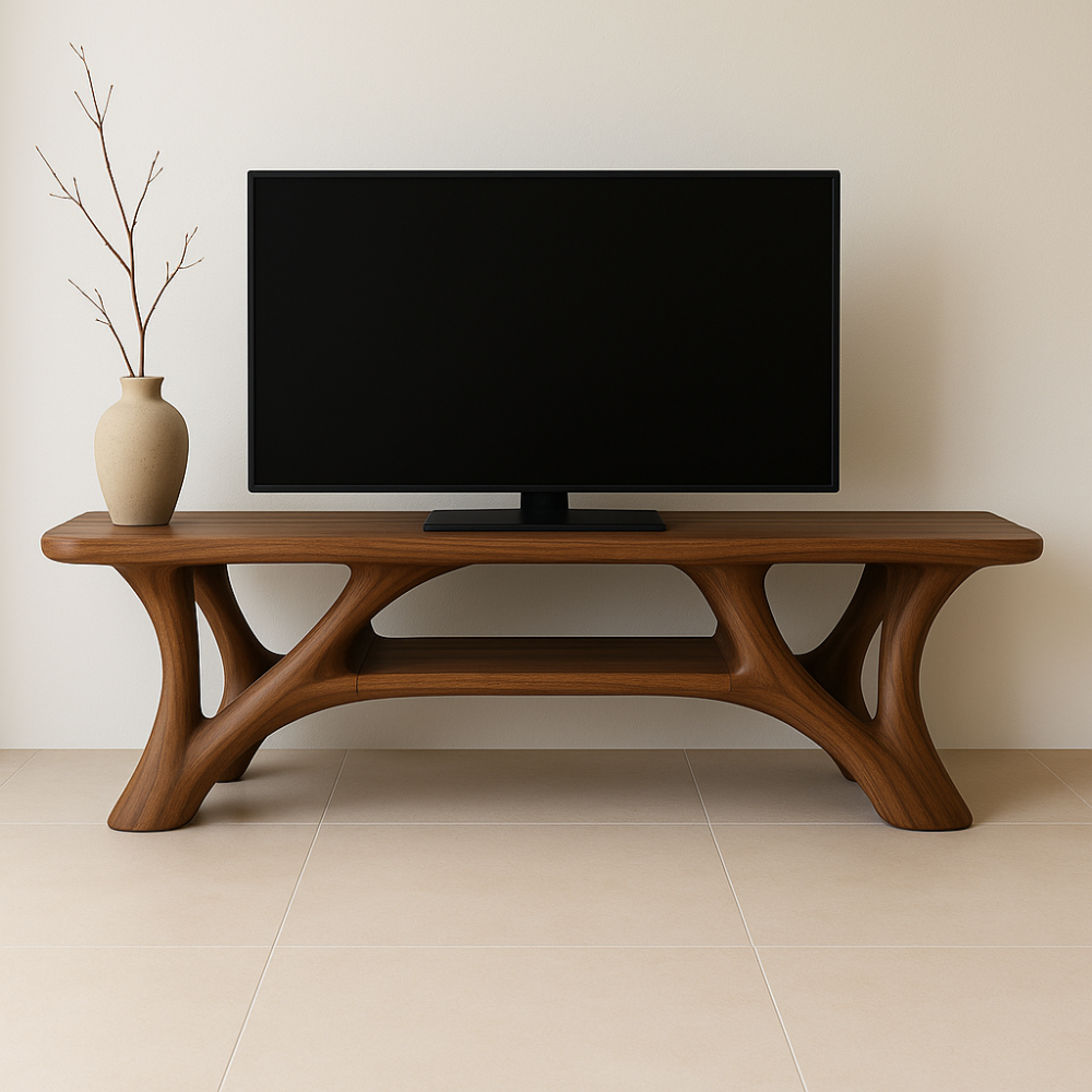 Handcrafted Solid Wood TV Stand – Modern Organic Design with Smooth Sculptural Curves
