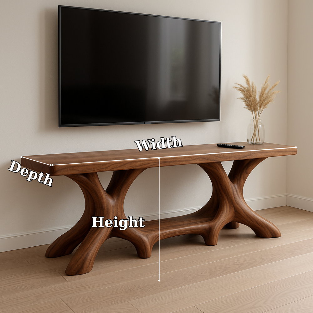 Handcrafted Solid Wood TV Stand – Modern Organic Furniture with Sculptural Curved Base