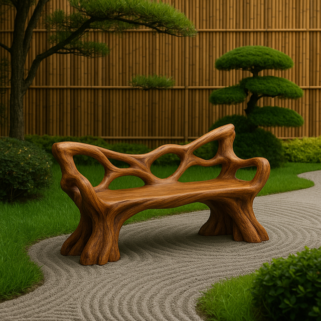 Handcrafted Solid Wood Bench with Backrest – Sculptural Organic Art Furniture for Garden