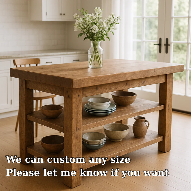 Handcrafted Solid Wood Kitchen Island – Rustic Oak Butcher Block Table with Open Shelves