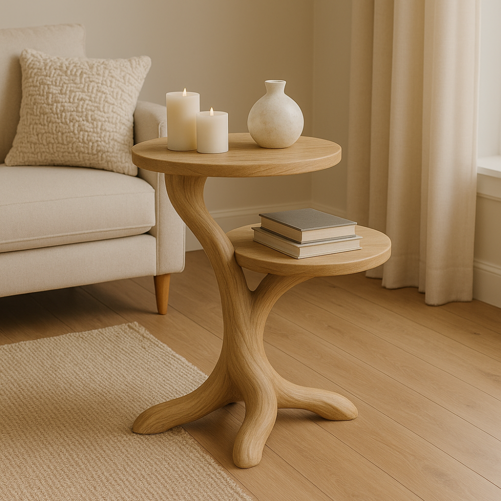 Handcrafted Solid Wood End Table – Two-Tier Light Oak Organic Design for Modern Living Rooms