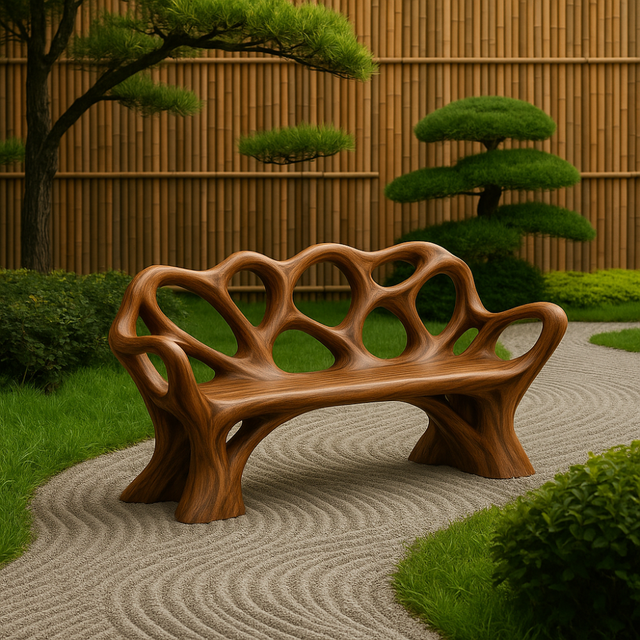 Handcrafted Solid Wood Bench with Backrest – Artistic Organic Design for Garden or Patio