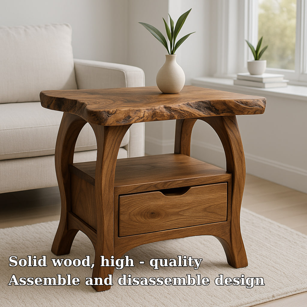 Handcrafted Solid Wood End Table with Drawer – Live Edge Organic Side Table