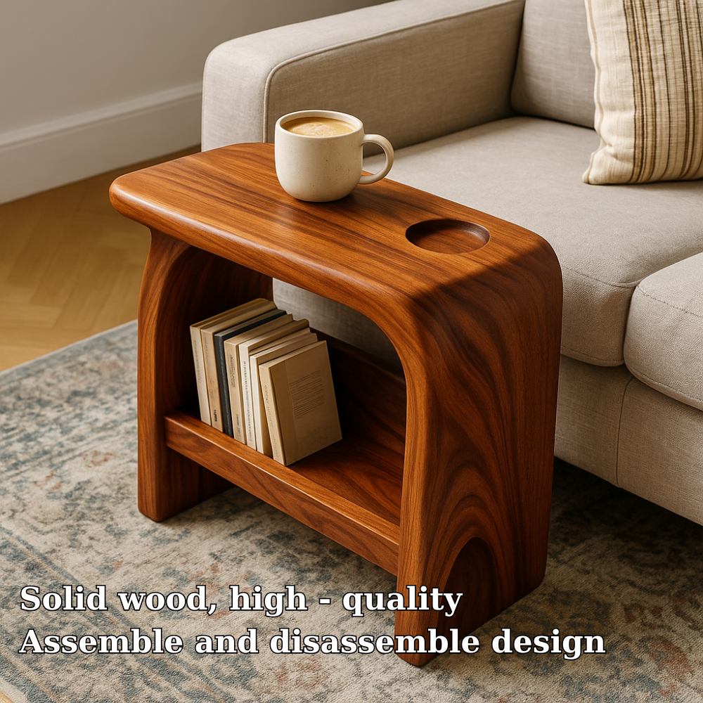 Handcrafted Solid Wood Armrest Table with Storage Shelf – Sculpted Organic Design