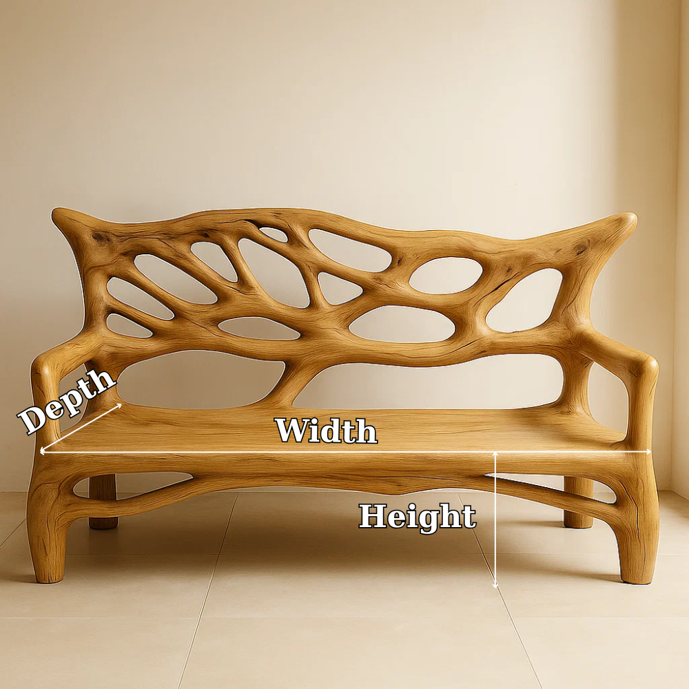 Handcrafted Solid Wood Bench – Sculptural Oak Art Bench with Organic Carved Backrest Design