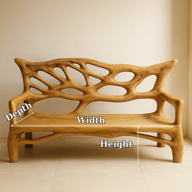 Handcrafted Solid Wood Bench – Sculptural Oak Art Bench with Organic Carved Backrest Design