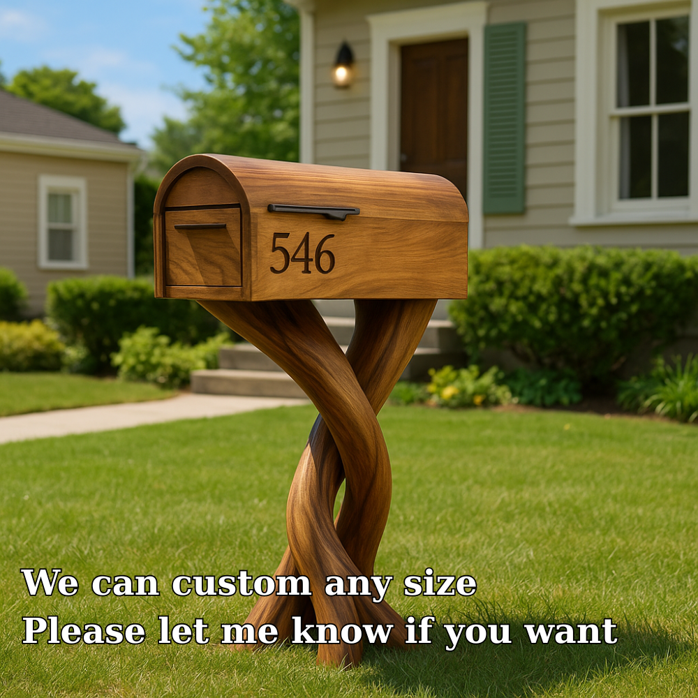 Handcrafted Solid Wood Mailbox with Sculptural Twisted Base – Outdoor Decorative Post Box