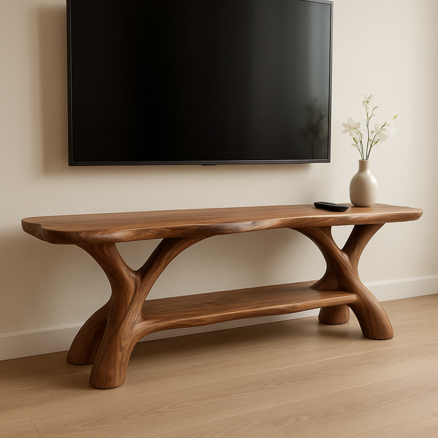 Handcrafted Solid Wood TV Stand – Sculptural Organic Design with Smooth Natural Finish