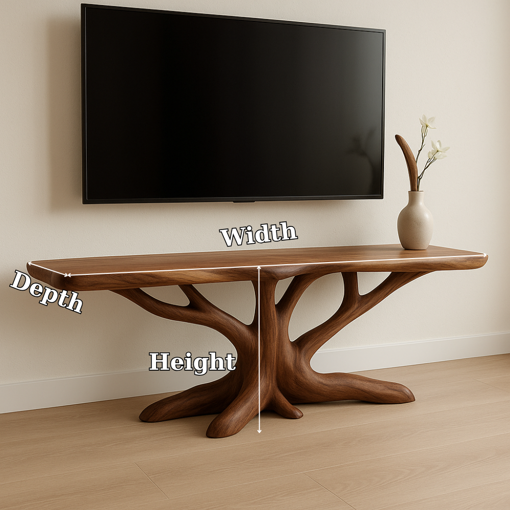 Handcrafted Solid Wood TV Stand – Modern Organic Design with Tree Branch Inspired Base