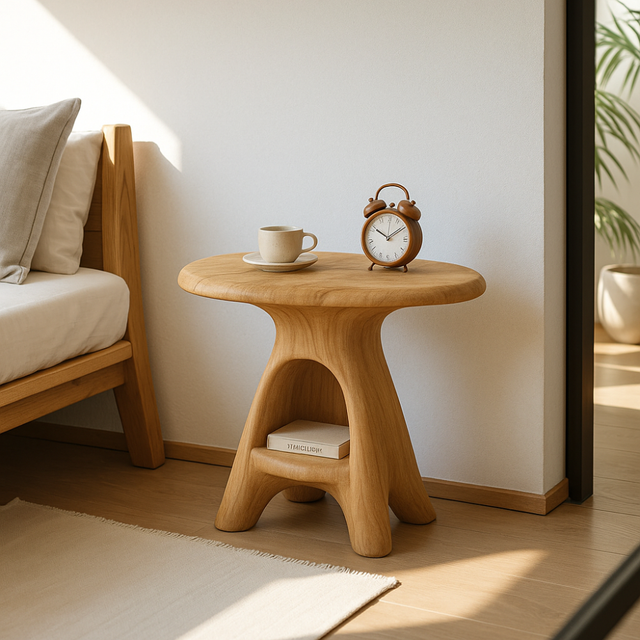 Handcrafted Solid Wood Nightstand – Sculpted Round Bedside Table with Open Storage