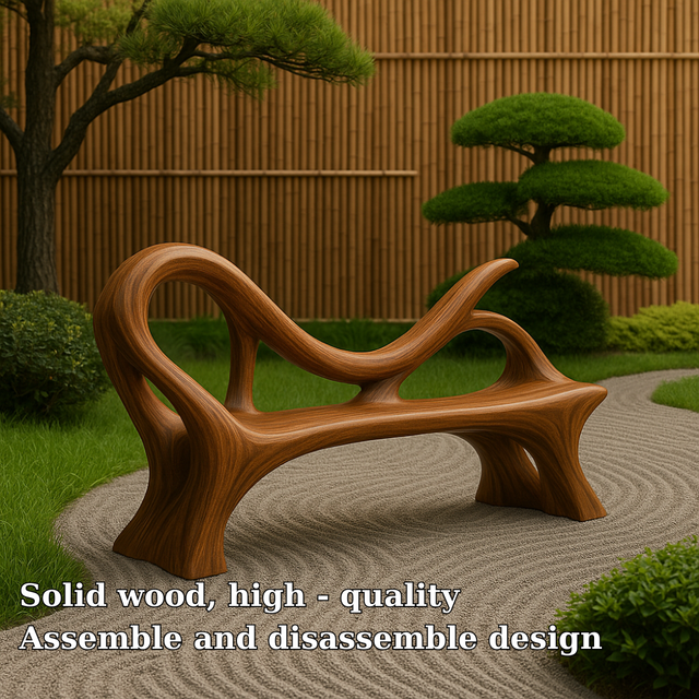 Handcrafted Solid Wood Bench with Backrest – Artistic Sculptural Organic Form Seating