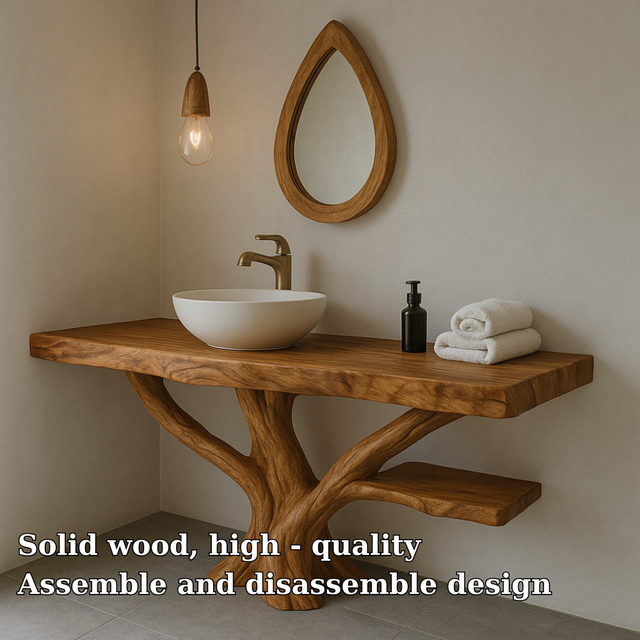 Handcrafted Solid Wood Bathroom Vanity – Sculptural Live Edge Design with Natural Finish