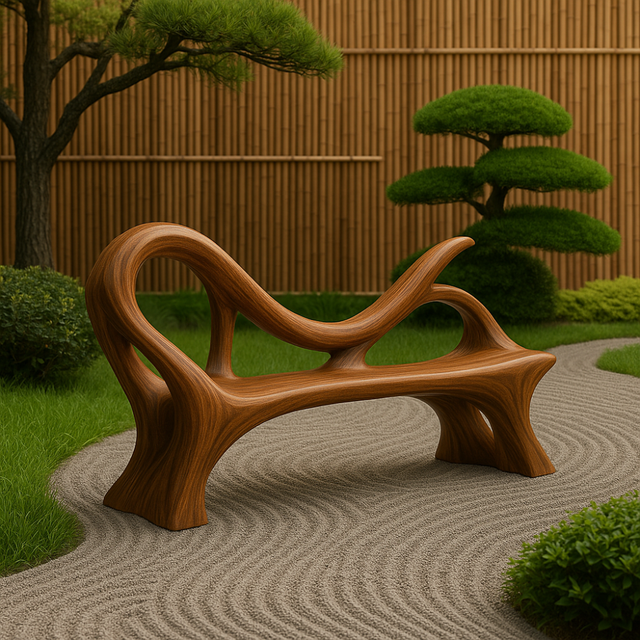 Handcrafted Solid Wood Bench with Backrest – Artistic Sculptural Organic Form Seating