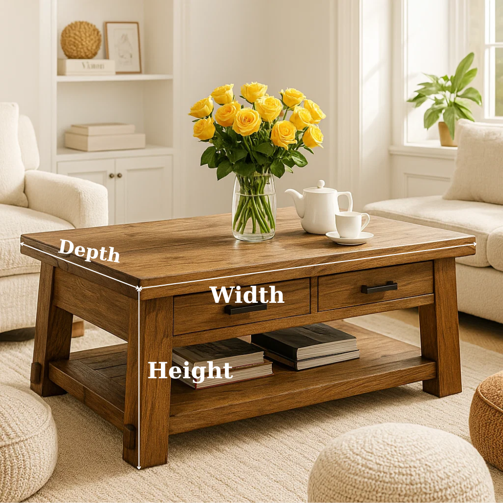 Handcrafted Solid Wood Coffee Table – Rustic Modern Center Table with A-Frame Legs, Drawers, and Shelf for Cozy Living Room