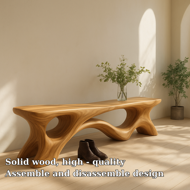Handcrafted Solid Wood Bench – Sculptural Organic Design with Modern Flowing Curves