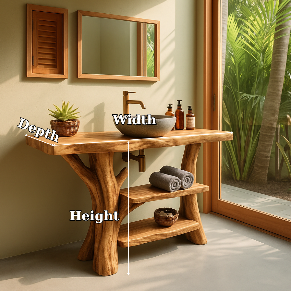 Handcrafted Solid Wood Bathroom Vanity – Organic Double Shelf Design for Natural Interiors