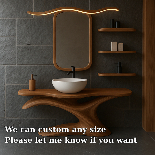 Handcrafted Solid Wood Bathroom Vanity with Sculptural Organic Design – Modern Minimalist Sink Stand