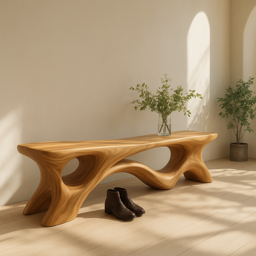 Handcrafted Solid Wood Bench – Sculptural Organic Design with Modern Flowing Curves