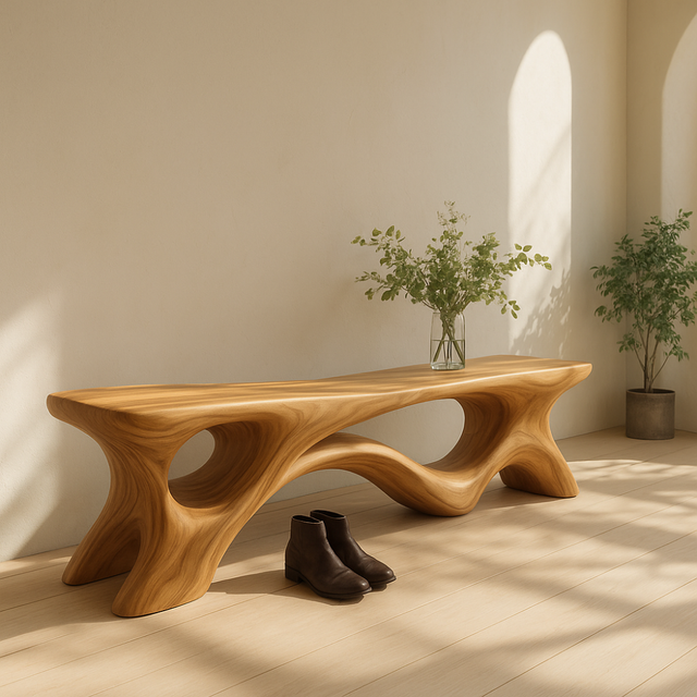 Handcrafted Solid Wood Bench – Sculptural Organic Design with Modern Flowing Curves