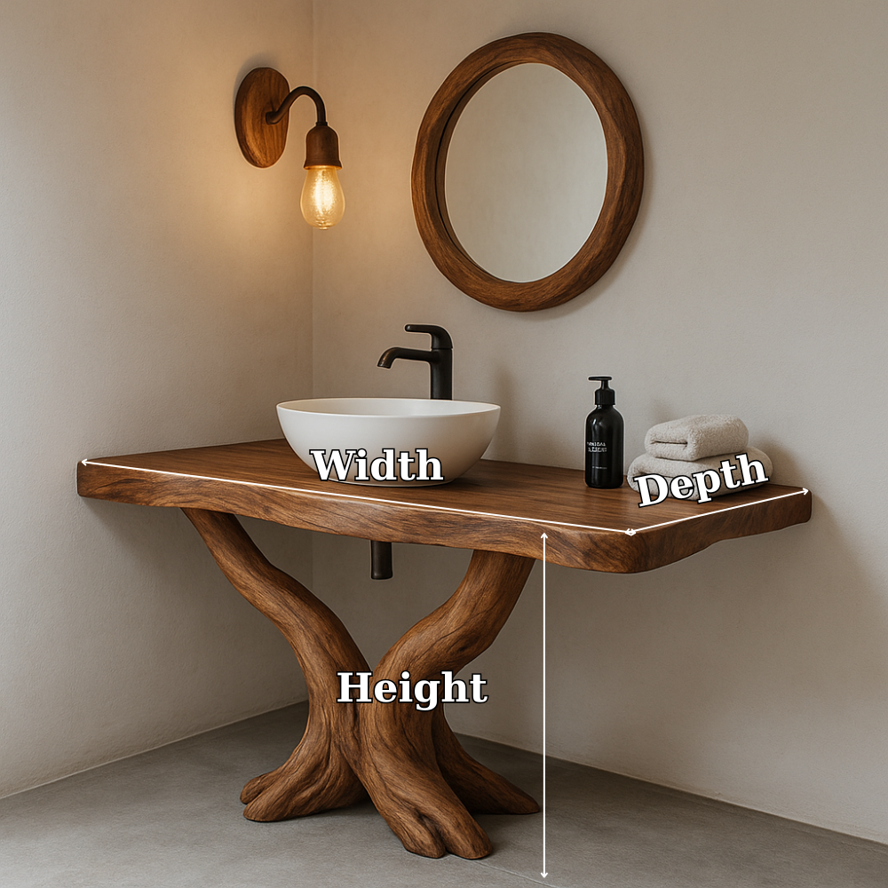 Handcrafted Solid Wood Bathroom Vanity – Rustic Natural Design with Curved Root Base