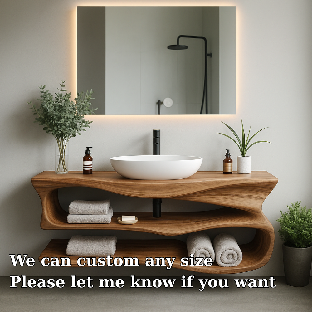 Handcrafted Solid Wood Floating Vanity – Modern Sculptural Bathroom Sink Shelf