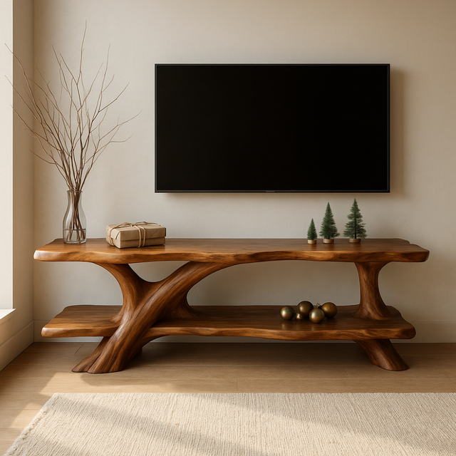 Handcrafted Solid Wood TV Stand – Organic Flow Design with Natural Finish for Modern Interiors